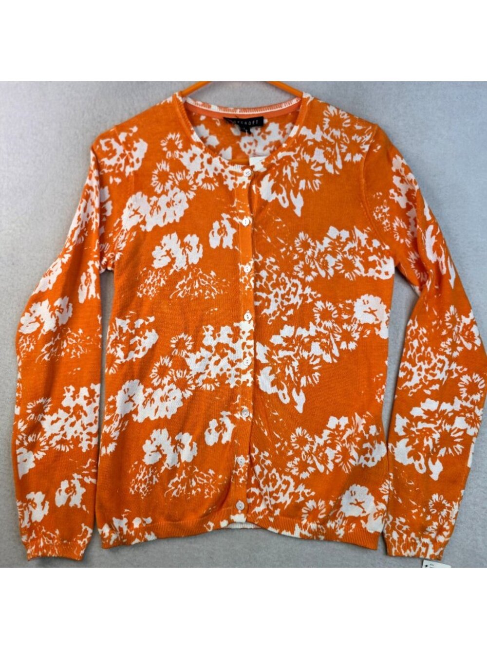 Foxcroft Floral Cardigan Sweater S Orange Cotton Bright Romantic Spring Feminine